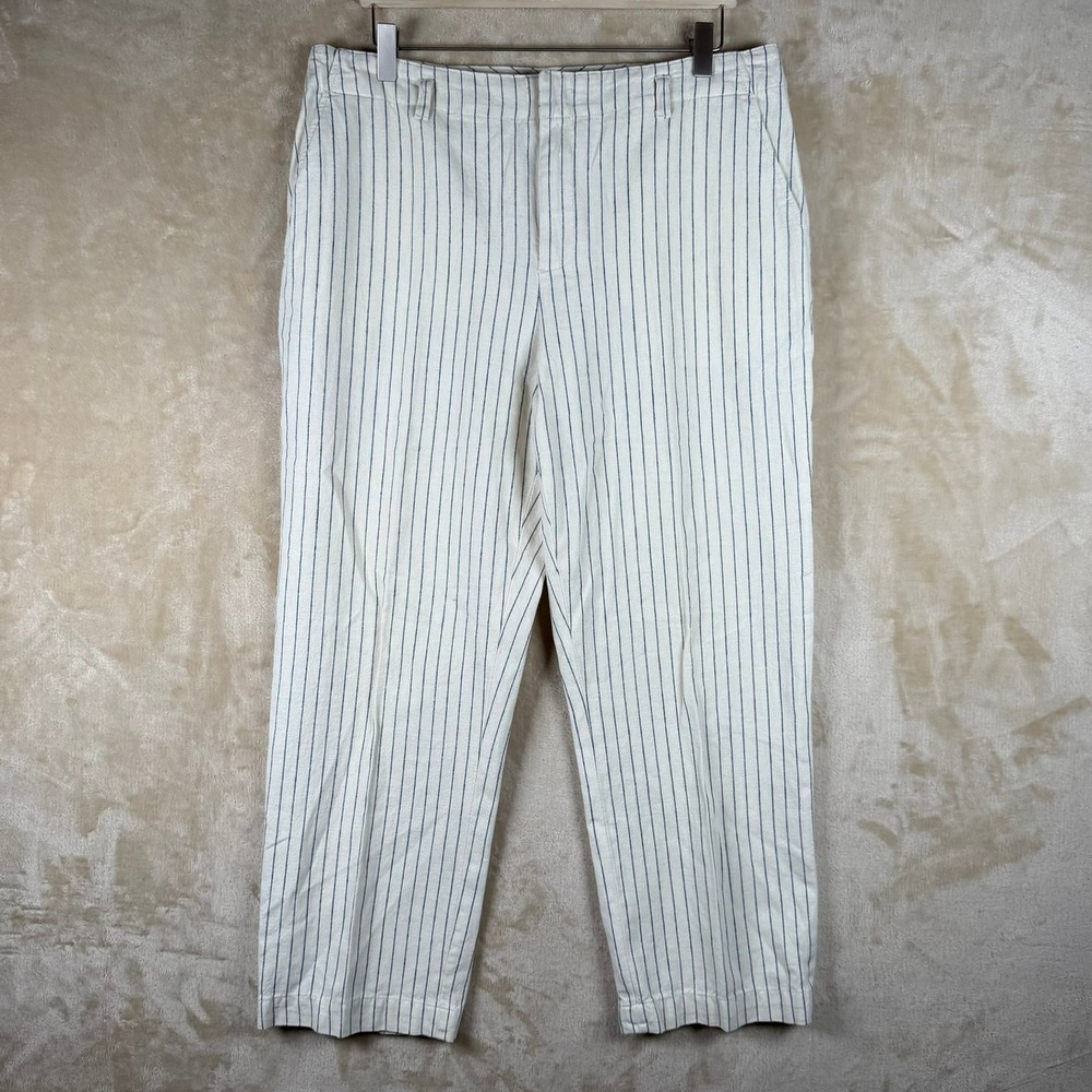 Chaps Denim Womens 12 Linen Blend Pinstripe Straight‎ Leg Pants Cream Navy Blue